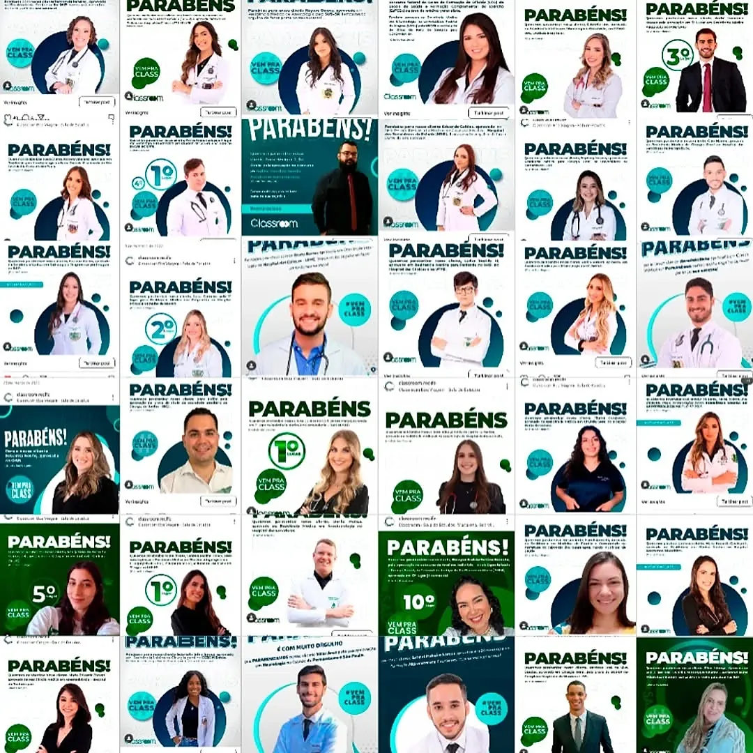 Mural da Classroom coberto de cartazes de parabéns pelas aprovações de clientes